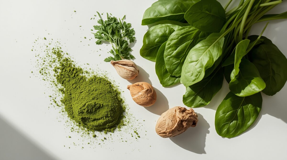 spirulina w proszku obok zielonych warzyw jako element zdrowej diety