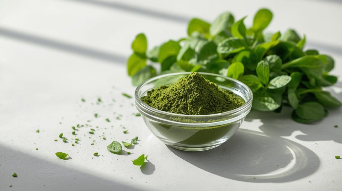 spirulina w proszku obok zielonych warzyw jako element zdrowej diety