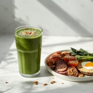 napój ze spiruliną obok zdrowego śniadania i warzyw