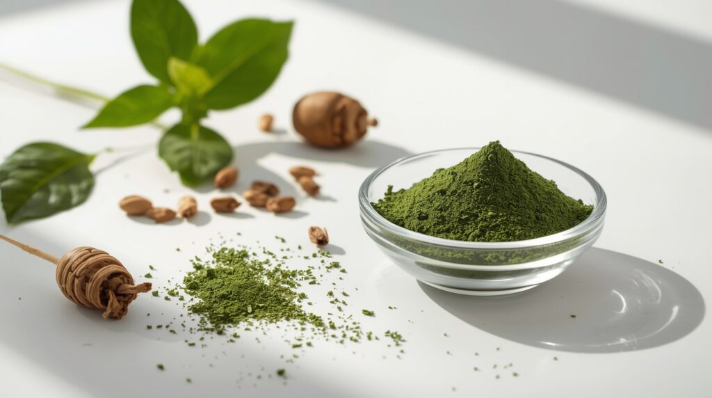 spirulina w proszku w minimalistycznym otoczeniu jako element zdrowej diety