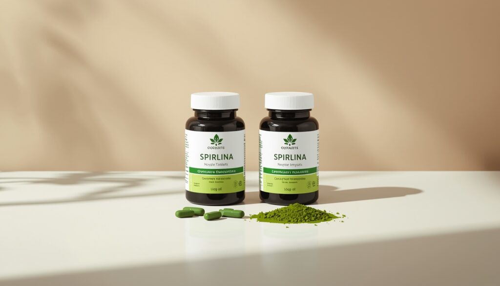 opakowania spiruliny w proszku i tabletki