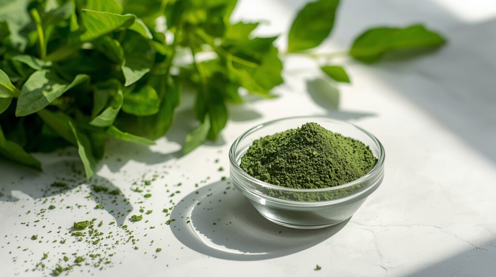 spodek z spiruliną w proszku obokzielone zioła