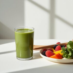 spirulina w formie napoju z talerzem warzyw