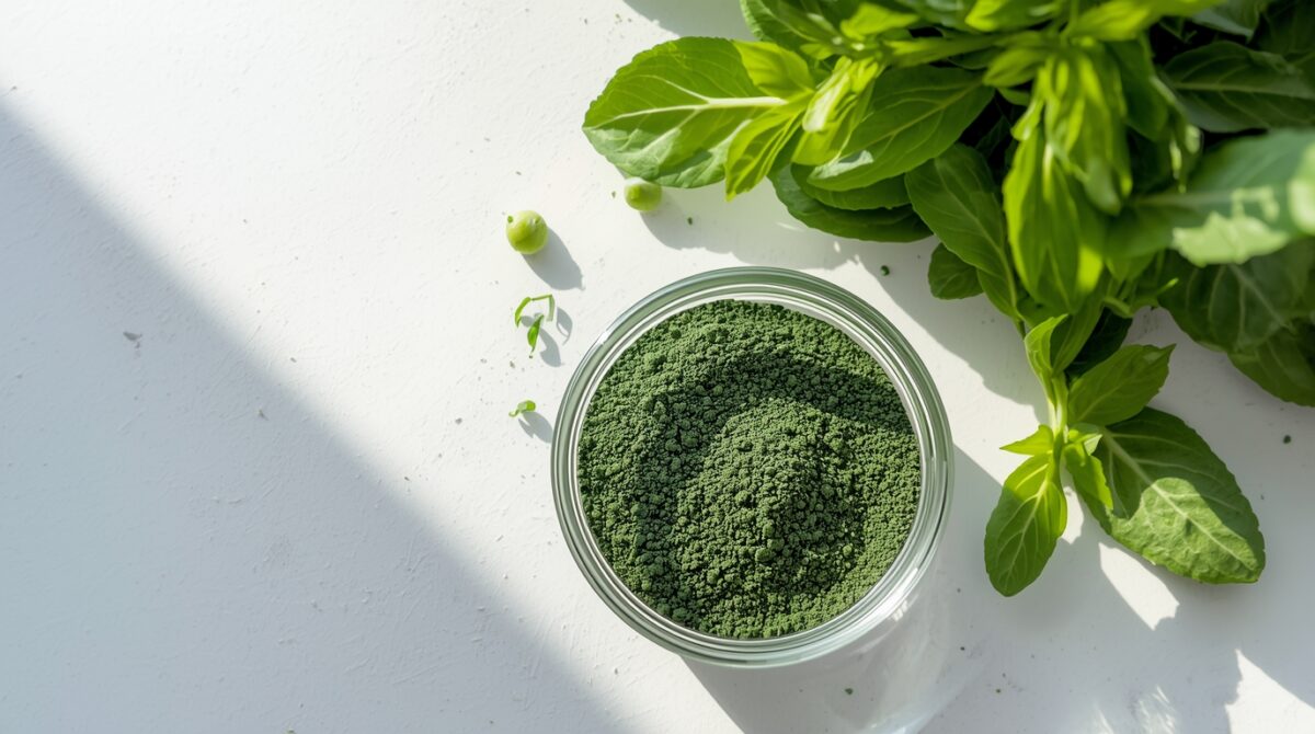 spirulina w proszku obok świeżych warzyw jako element zdrowej diety