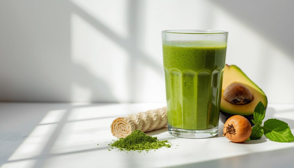 spirulina w proszku i zielony koktajl jako dopełnienie zdrowej diety