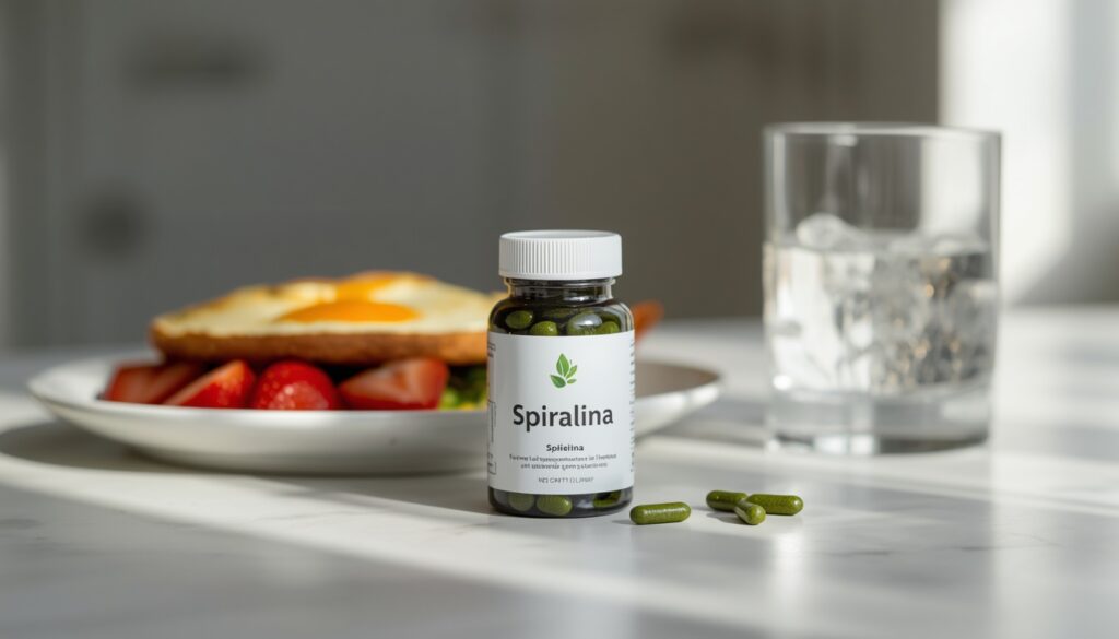 spirulina obok zdrowego śniadania i szklanki wody