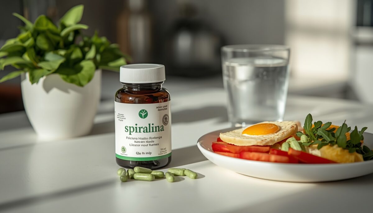 spirulina obok zdrowego posiłku i szklanki wody