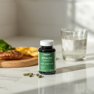Tabletki spiruliny, zdrowy posiłek i napój w szklance